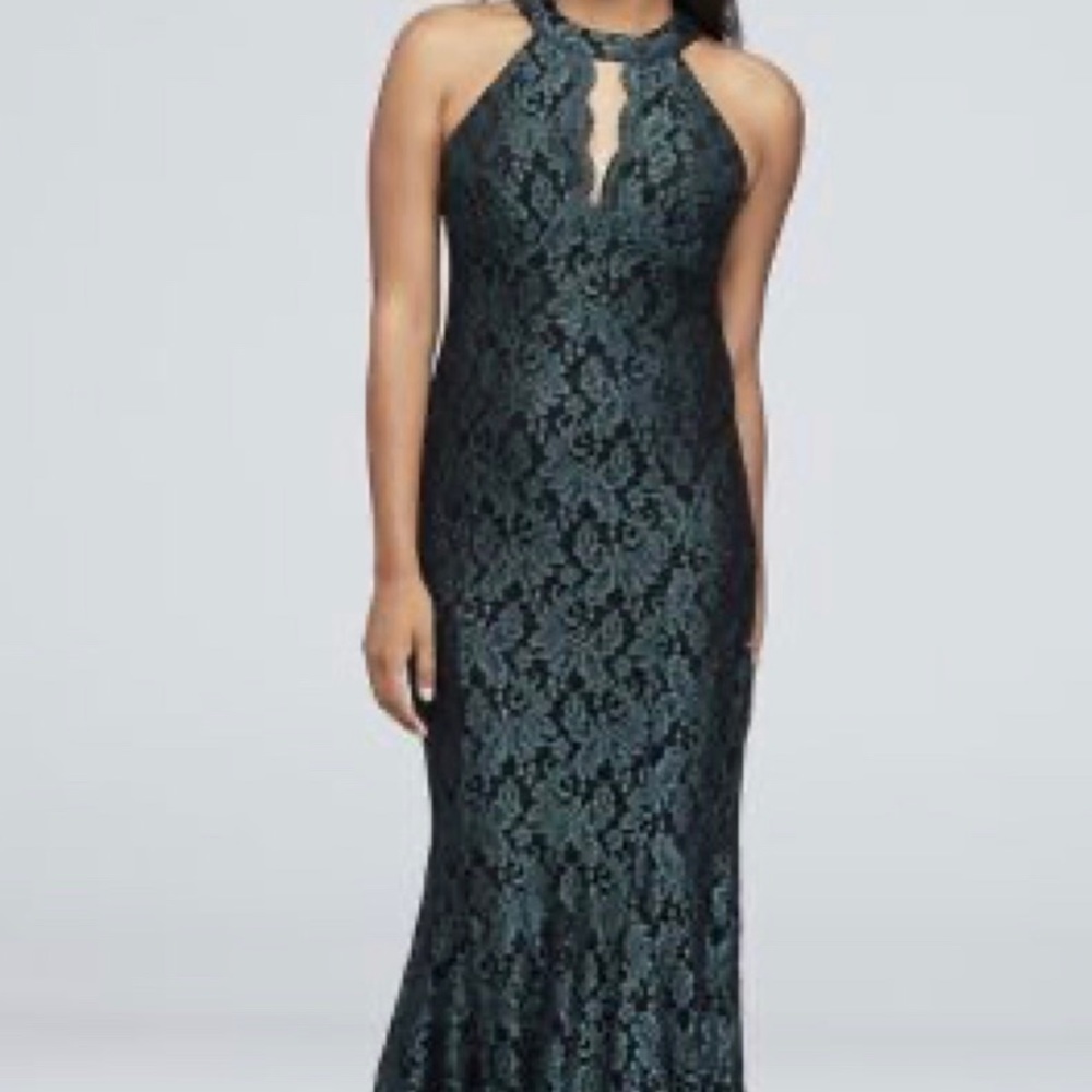 Emerald Lace High Neck Halter Formal Dress